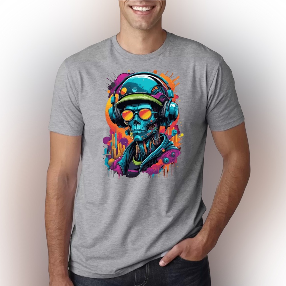 Cyberpunk Skull Headphones Graphic T-Shirt Neon Street Art Tee